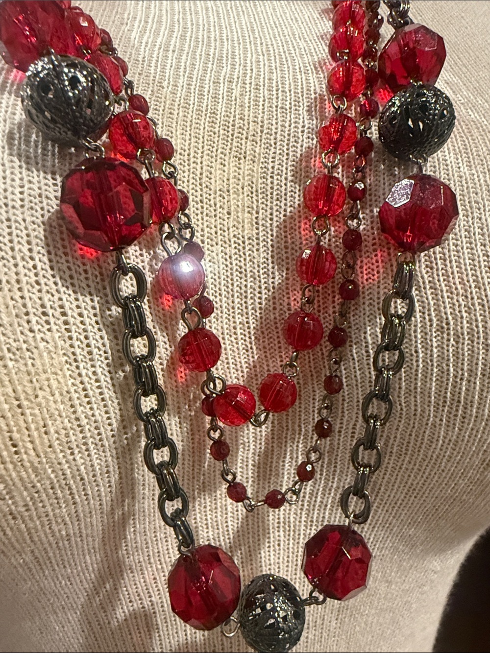 Tiered Front Red Gunmetal Filigree Balls Necklace